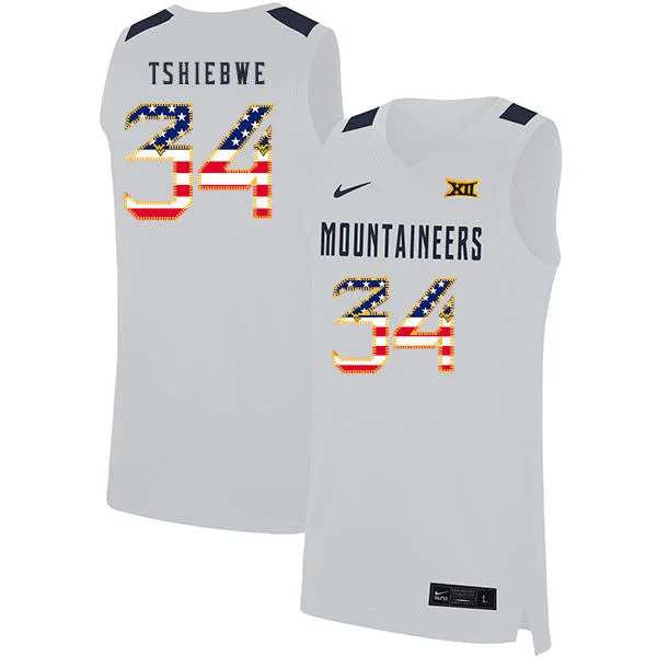 Football Jersey For Custom Fit-Basketball Jersey For Custom Fit-West Virginia Mountaineers 34 Oscar Tshiebwe White USA Flag Basketball College Basketball Jersey