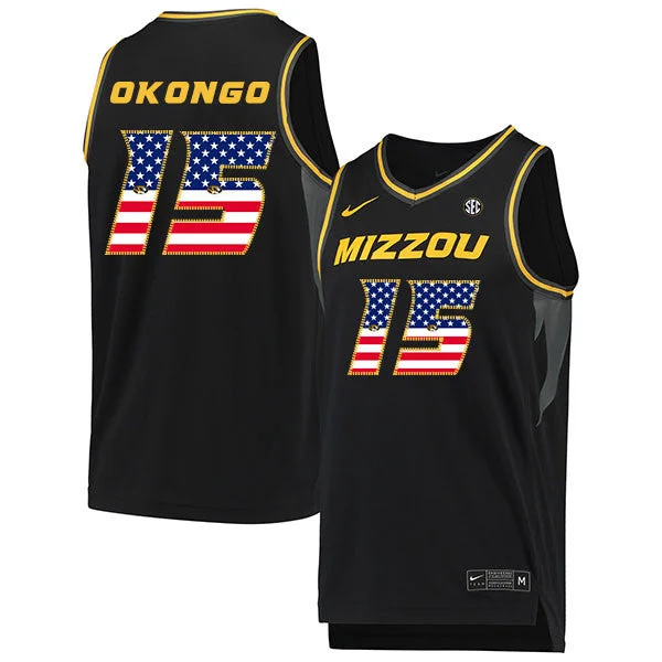 Football Jersey For Game Apparel-Basketball Jersey For Game Apparel-Missouri Tigers 15 Axel Okongo Black USA Flag College Basketball Basketball Jersey