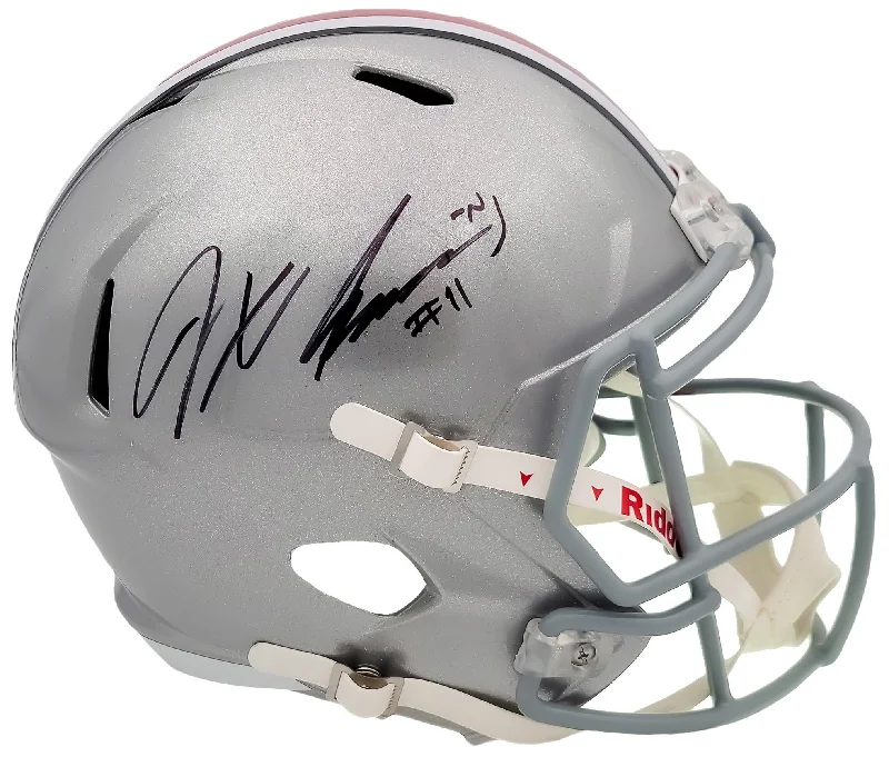 Rugby Helmet With Protective Face Shield-Jaxon Smith-Njigba Autographed Ohio State Buckeyes Silver Full Size Replica Speed Helmet Beckett BAS QR Stock #203465