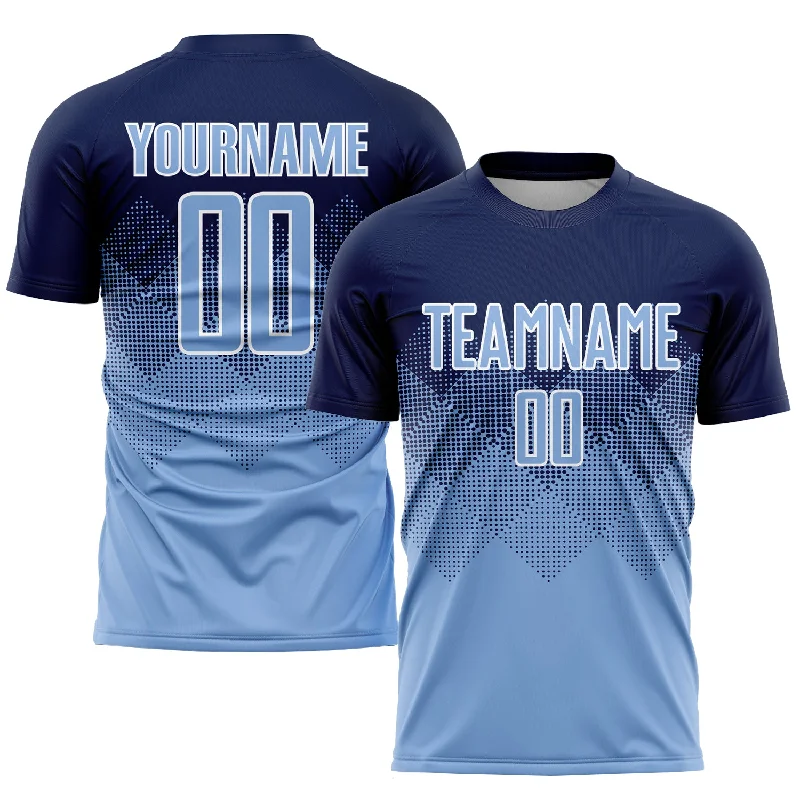 Football Jersey For Kids With Player Names-Custom Navy Light Blue-White Sublimation Soccer Uniform Jersey