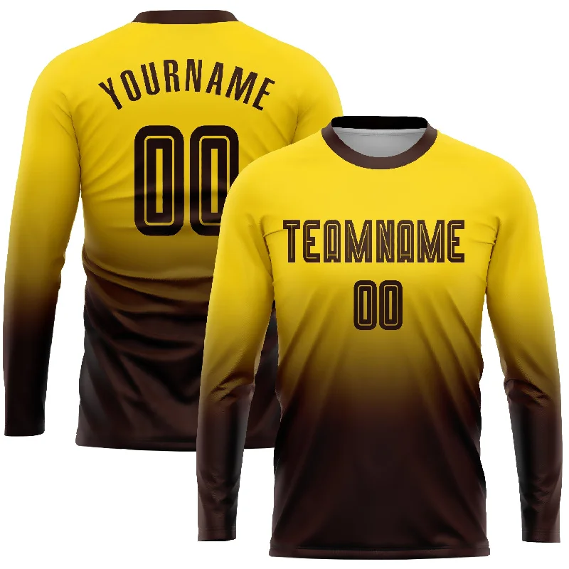 Custom Football Jersey With Player Name-Custom Gold Brown Sublimation Long Sleeve Fade Fashion Soccer Uniform Jersey