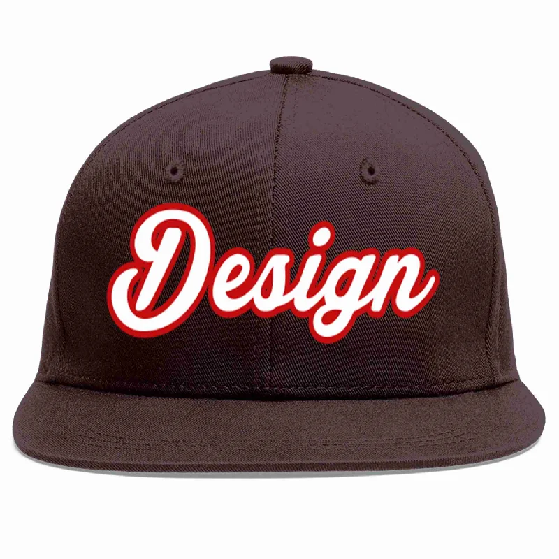 Baseball Cap For Group Events-Custom Brown White-Red Flat Eaves Sport Baseball Cap Design for Men/Women/Youth