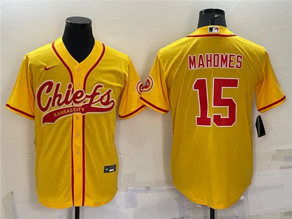 Baseball Jersey For Retro Fan Gear-Men's Kansas City Chiefs #15 Patrick Mahomes Gold With Patch Cool Base Stitched Baseball Baseball Jersey