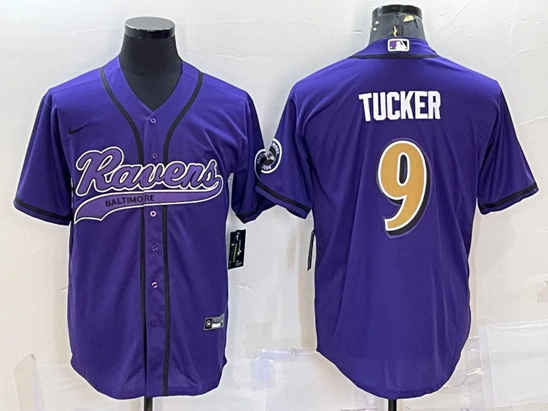 Custom Baseball Jersey-Men's Baltimore Ravens #9 Justin Tucker Purple Gold With Patch Cool Base Stitched Baseball Jersey