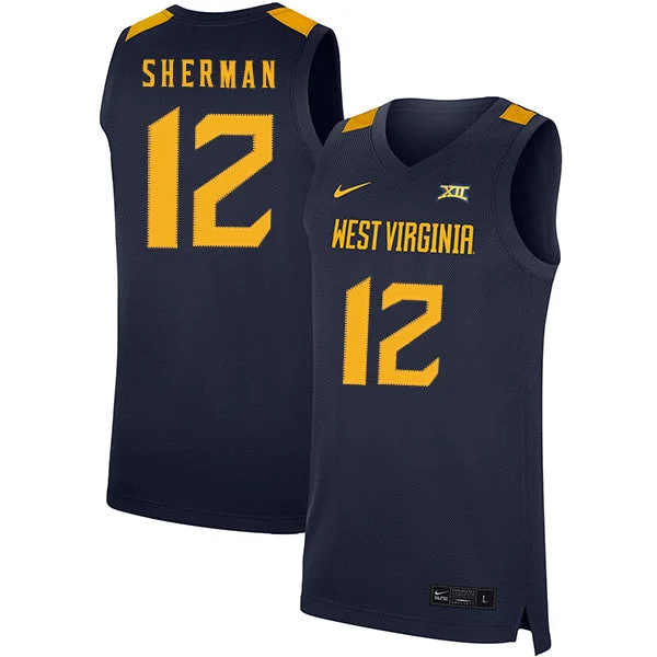 Football Jersey With Personalized Logos-Basketball Jersey With Personalized Logos-West Virginia Mountaineers 12 Taz Sherman Navy Basketball College Basketball Jersey