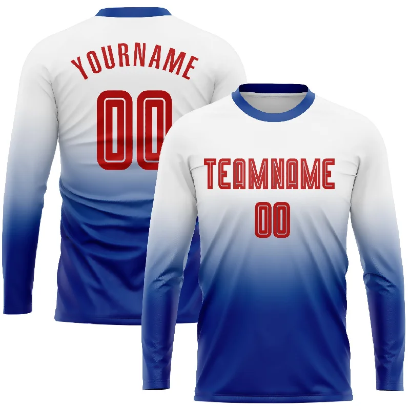 Football Jersey For Personalized Gifts-Custom White Red-Royal Sublimation Long Sleeve Fade Fashion Soccer Uniform Jersey