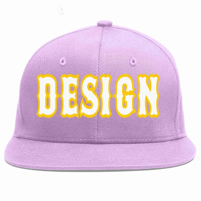 Baseball Cap For Winter-Custom Light Purple White-Gold Flat Eaves Sport Baseball Cap Design for Men/Women/Youth