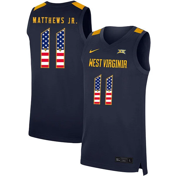 Football Jersey For Team Wearables-Basketball Jersey For Team Wearables-West Virginia Mountaineers 11 Emmitt Matthews Jr. Navy USA Flag Basketball College Basketball Jersey.jpeg