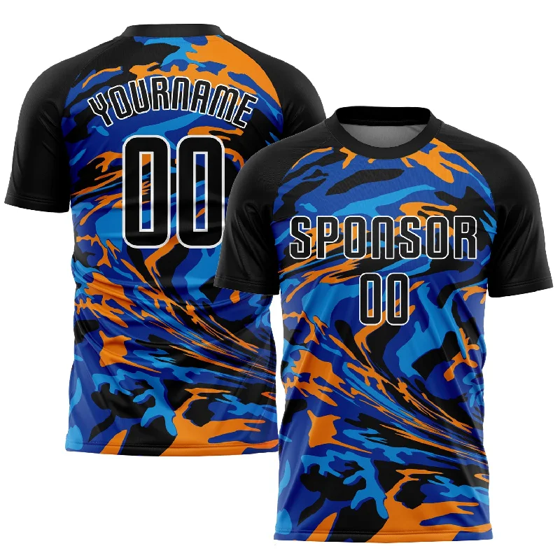 Football Jersey For Custom Logo Placement-Custom Black Black Royal-Orange Sublimation Soccer Uniform Jersey