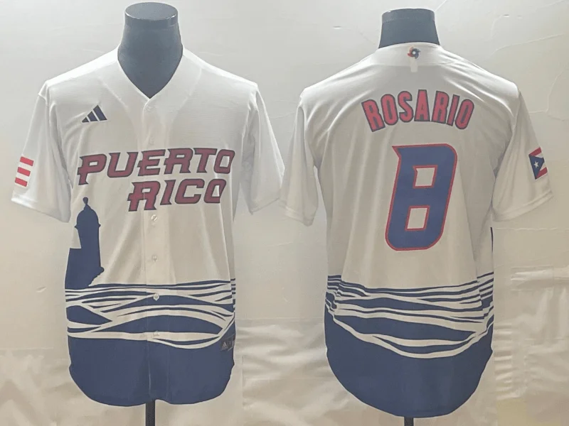 Baseball Jersey For Custom Branding-Men's Puerto Rico Baseball #8 Eddie Rosario 2023 White World Baseball Classic Stitched Jersey