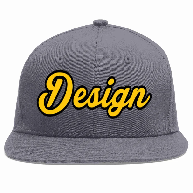 Baseball Cap For Summer Fashion-Custom Dark Gray Gold-Black Flat Eaves Sport Baseball Cap Design for Men/Women/Youth