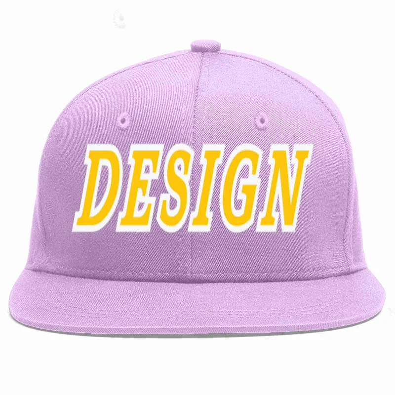 Baseball Cap For Outdoor Recreation-Custom Light Purple Gold-White Flat Eaves Sport Baseball Cap Design for Men/Women/Youth