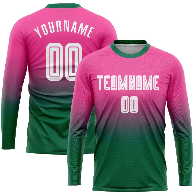 Football Jersey For Official Teams-Custom Pink White-Kelly Green Sublimation Long Sleeve Fade Fashion Soccer Uniform Jersey