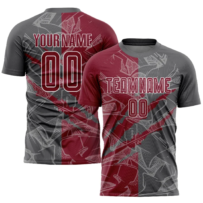 Football Jersey With Name On Back-Custom Graffiti Pattern Crimson-Steel Gray Scratch Sublimation Soccer Uniform Jersey