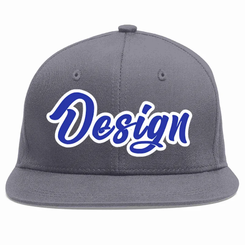 Baseball Cap For Team Events-Custom Dark Gray Royal-White Flat Eaves Sport Baseball Cap Design for Men/Women/Youth