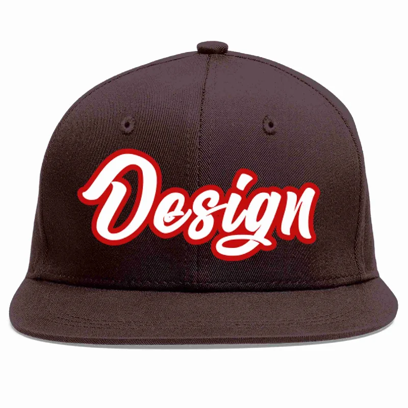 Baseball Cap For Outdoor Events-Custom Brown White-Red Flat Eaves Sport Baseball Cap Design for Men/Women/Youth