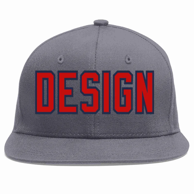 Baseball Cap For Winter Sports-Custom Dark Gray Red-Navy Flat Eaves Sport Baseball Cap Design for Men/Women/Youth