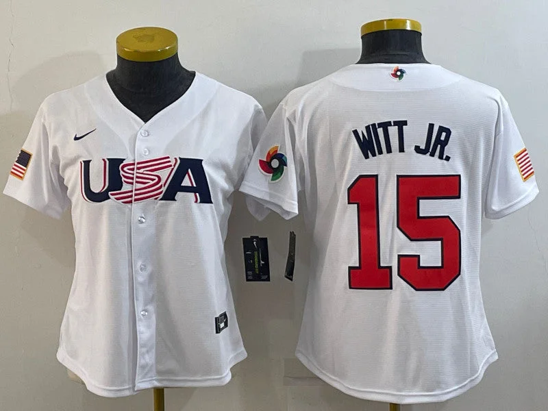 Baseball Jersey For Team Accessories-USA 15 Bobby Witt Jr. White Women 2023 World Baseball Classic Jerseys