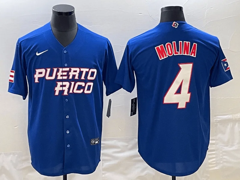 Baseball Jersey For Custom Group Orders-Men's Puerto Rico Baseball #4 Yadier Molina 2023 Royal World Baseball Classic Stitched Jersey