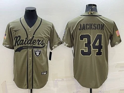 Baseball Jersey For Baseball Enthusiasts-Men's Las Vegas Raiders #34 Bo Jackson 2022 Olive Salute To Service Cool Base Stitched Baseball Jersey