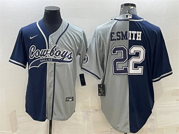 Baseball Jersey For Group Discounts-Men's Dallas Cowboys #22 Emmitt Smith Navy/Gray Split With Patch Cool Base Stitched Baseball Jersey