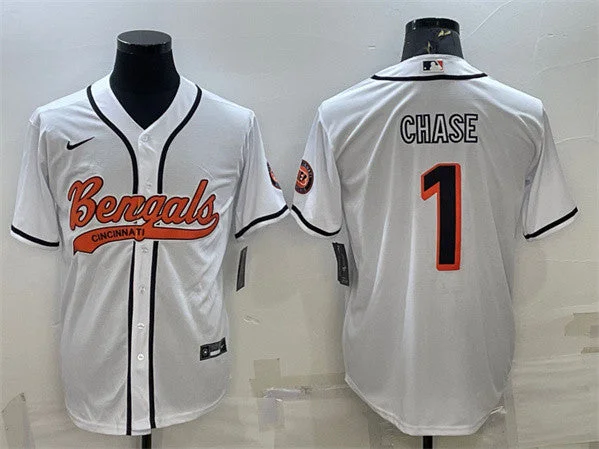 Baseball Jersey With Custom Color Options-Men's Cincinnati Bengals #1 Ja'Marr Chase White With Patch Cool Base Stitched Baseball Jersey