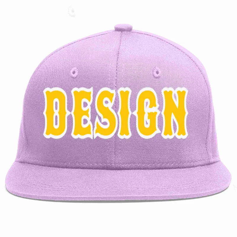 Baseball Cap For Outdoor Activities-Custom Light Purple Gold-White Flat Eaves Sport Baseball Cap Design for Men/Women/Youth