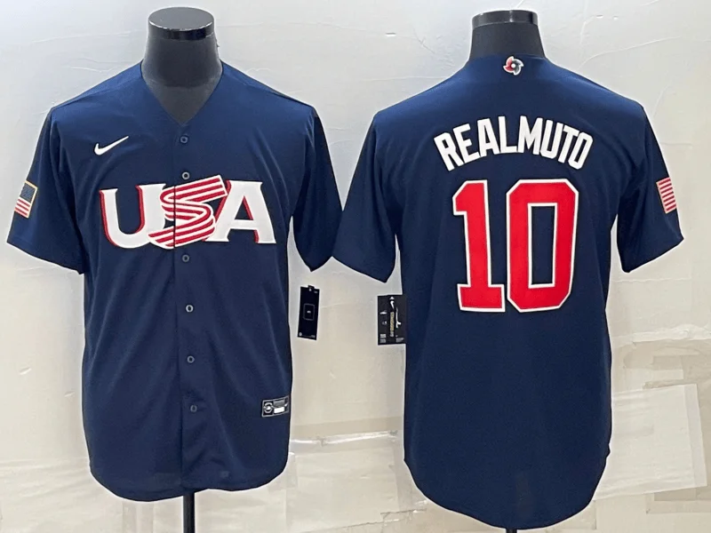 Baseball Jersey For Comfortable Team Uniforms-Men's USA Baseball #10 J.T. Realmuto 2023 Navy World Baseball Classic Stitched Jersey