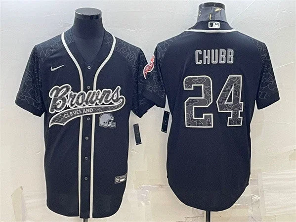 High Quality Baseball Jersey-Men's Cleveland Browns #24 Nick Chubb Black Reflective With Patch Cool Base Stitched Baseball Jersey