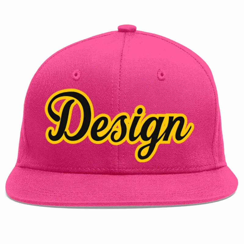 Baseball Cap For Custom Team Gear-Custom Rose Red Black-Gold Flat Eaves Sport Baseball Cap Design for Men/Women/Youth