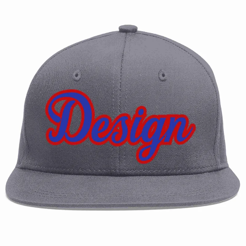 Baseball Cap With Bold Colors-Custom Dark Gray Royal-Red Flat Eaves Sport Baseball Cap Design for Men/Women/Youth