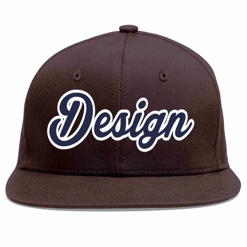 Baseball Cap For Retro Vibe-Custom Brown Navy-White Flat Eaves Sport Baseball Cap Design for Men/Women/Youth