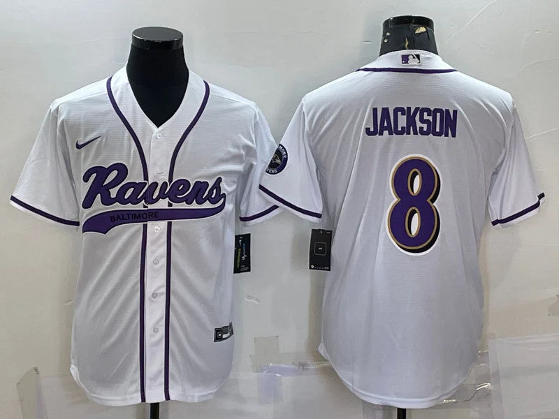 Baseball Jersey With Name And Number-Men's Baltimore Ravens #8 Lamar Jackson White With Patch Cool Base Stitched Baseball Jersey