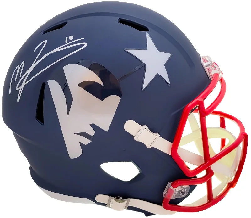 Rugby Helmet With Adjustable Chin Strap-Mac Jones Autographed New England Patriots AMP Blue Full Size Replica Speed Helmet Beckett BAS Witness Stock #206519