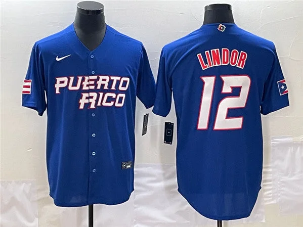 Baseball Jersey For Youth Leagues-Men's Puerto Rico Baseball #12 Francisco Lindor 2023 Royal World Baseball Classic Stitched Jersey