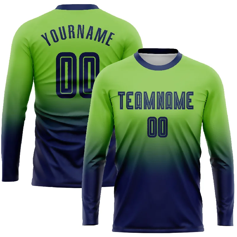 Football Jersey With Player Portraits-Custom Neon Green Navy Sublimation Long Sleeve Fade Fashion Soccer Uniform Jersey