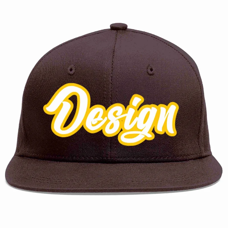 Baseball Cap For Sports Fans-Custom Brown White-Gold Flat Eaves Sport Baseball Cap Design for Men/Women/Youth