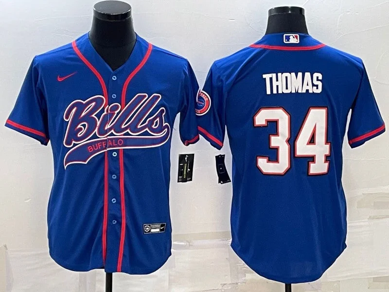 Custom Baseball Jersey With Player Name-Men's Buffalo Bills #34 Thurman Thomas Royal With Patch Cool Base Stitched Baseball Jersey