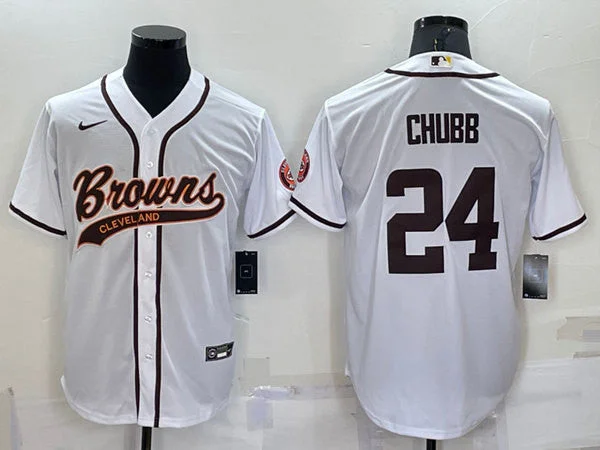 Baseball Jersey For Game Uniforms-Men's Cleveland Browns #24 Nick Chubb White With Patch Cool Base Stitched Baseball Jersey