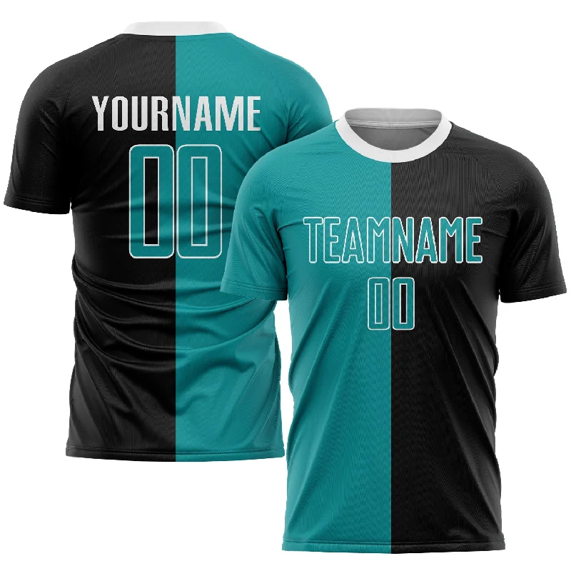 Football Jersey For Championship Gifts-Custom Black Teal-White Sublimation Split Fashion Soccer Uniform Jersey