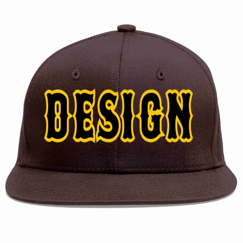 Baseball Cap With Cool Embroidery-Custom Brown Black-Gold Flat Eaves Sport Baseball Cap Design for Men/Women/Youth