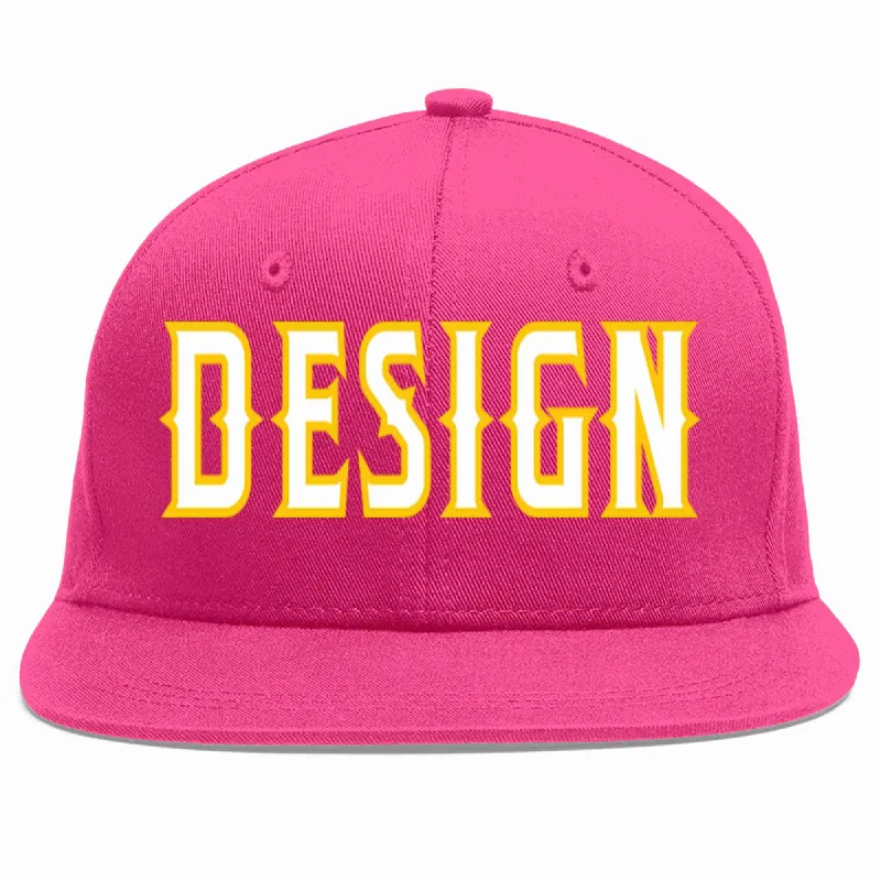 Baseball Cap For Corporate Branding-Custom Rose Red White-Gold Flat Eaves Sport Baseball Cap Design for Men/Women/Youth