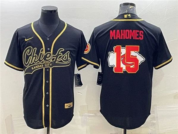 Baseball Jersey For Men-Men's Kansas City Chiefs #15 Patrick Mahomes Black Gold Team Big Logo With Patch Cool Base Stitched Baseball Jersey