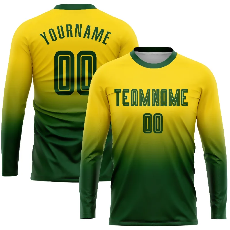 Football Jersey For High School Leagues-Custom Gold Green Sublimation Long Sleeve Fade Fashion Soccer Uniform Jersey