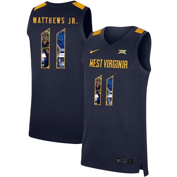 Football Jersey For School Teams-Basketball Jersey For School Teams-West Virginia Mountaineers 11 Emmitt Matthews Jr. Navy Fashion Basketball College Basketball Jersey.jpeg