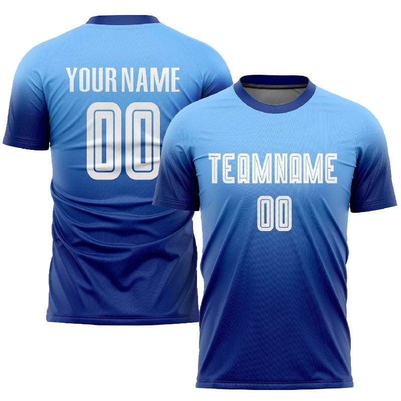 Football Jersey With Creative Artwork-Custom Light Blue White-Royal Sublimation Fade Fashion Soccer Uniform Jersey