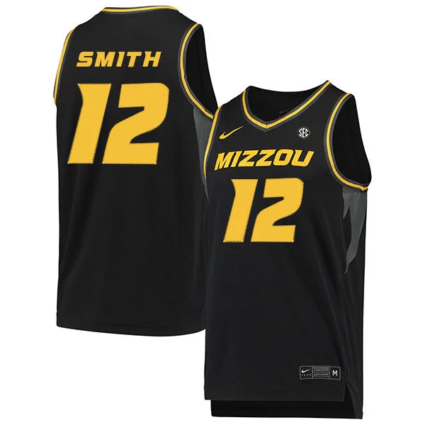 Football Jersey With Creative Artwork-Basketball Jersey With Creative Artwork-Missouri Tigers 12 Dru Smith Black College Basketball Basketball Jersey