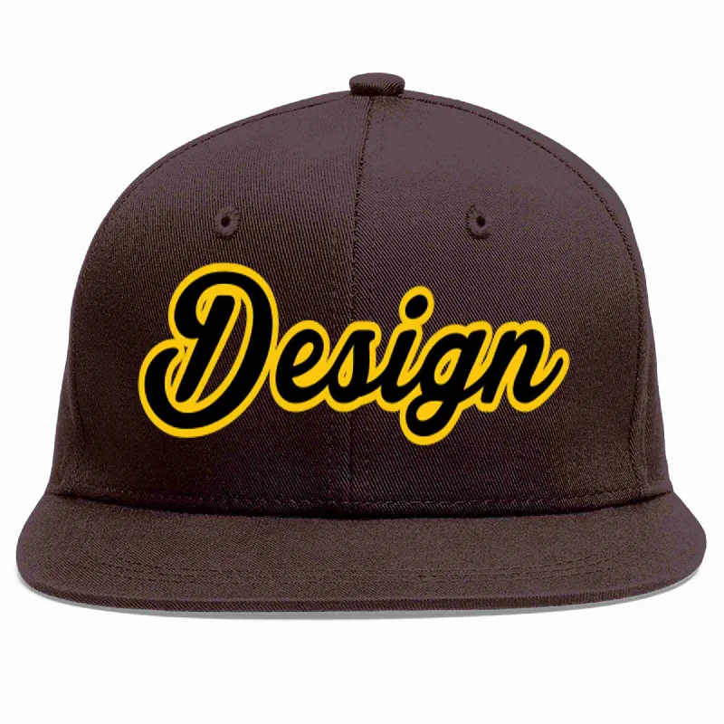 Baseball Cap For Fashionable Street Look-Custom Brown Black-Gold Flat Eaves Sport Baseball Cap Design for Men/Women/Youth