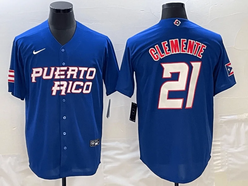 Baseball Jersey With Team Logo-Men's Puerto Rico Baseball #21 Roberto Clemente 2023 Royal World Baseball Classic Stitched Jersey