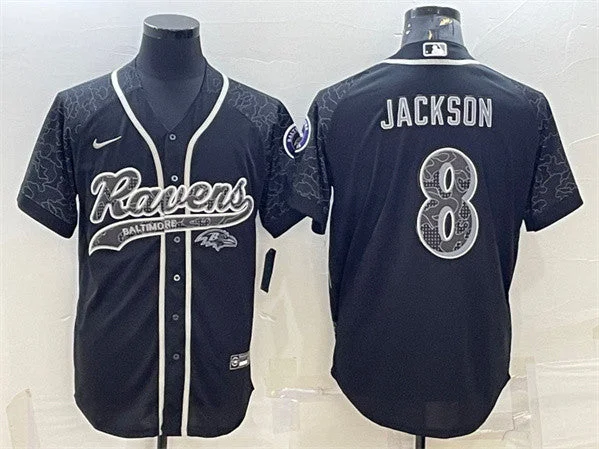 Baseball Jersey For Custom Fit-Men's Baltimore Ravens #8 Lamar Jackson Black Reflective With Patch Cool Base Stitched Baseball Jersey